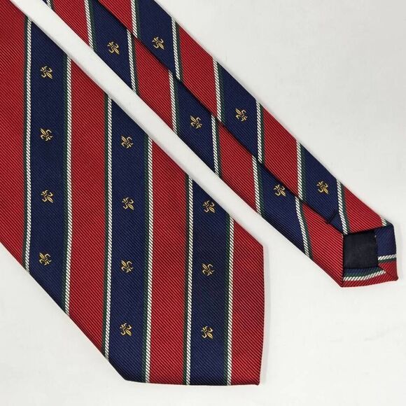 ROMARIO MANZINI COLLECTION SILK TIE BLUE RED REPP STRIPE FLEUR DE LIS 3.5" X 58" - Picture 1 of 4